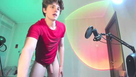 Media: Video of a young, fair-skinned, muscular male with short brown hair, wearing a red T-shirt, standing in a studio with a large lens and microphone, creating a professional setting.