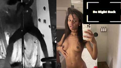 Media: Video of a nude Black woman with medium-sized breasts, taking a mirror selfie in a bathroom. Overlay features a black-and-white CT scan image of a human pelvis.