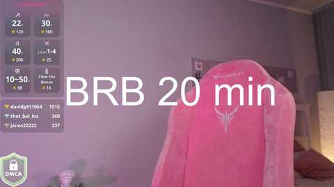 Media: A video of a pink gaming chair with a white emblem in a dimly lit room, displaying a digital overlay showing \"BRB 20 min\" and various social media icons.