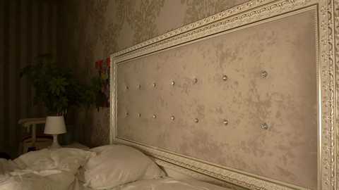 Media: Video of a luxurious bedroom with a large, ornately framed, tufted headboard, beige wallpaper, and a bedside table with a white lamp and potted plants.