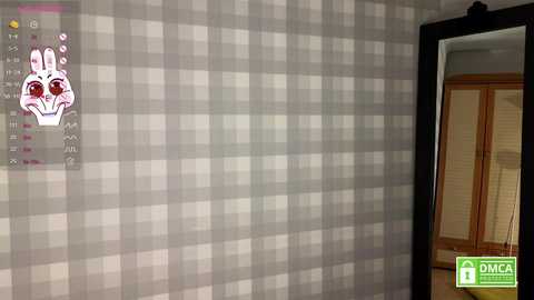 Media: Video of a gray-and-white checkered wallpapered room, featuring a black-framed mirror, a digital overlay of a white rabbit character, and a wooden closet door.