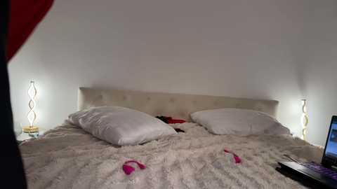 Media: Video of a modern bedroom with a plush white bed, two white pillows, and a beige headboard. The room has a minimalistic, contemporary design with two sleek, white wall-mounted lamps on each side. Pink panties are scattered on the bed, creating a playful atmosphere.