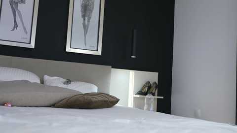 Media: Modern bedroom with minimalist decor: white bed, black wall, abstract art, minimalist nightstand, beige pillows, sleek black wall lamp.