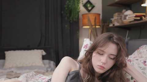 Media: Video of a young woman with long brown hair, lying on a floral-patterned bed, wearing a black tank top, in a cozy, dimly-lit bedroom with a wooden lamp, shelves, and a potted plant.