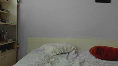 Media: Video of a simple bedroom with a messy bed, white sheets, and a light-colored headboard against a pale wall. An orange pillow and a shelf with various items are visible in the background.