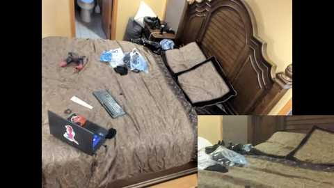 Media: Video of a messy bedroom with a brown bedspread, scattered clothes, a television, and a handgun on the bed, alongside a wooden headboard and a window.