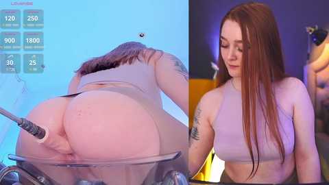 Media: Video featuring a pale-skinned, red-haired woman in a transparent plastic chair, wearing a light purple crop top, exposing her bare buttocks.