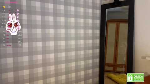 Media: Video of a bedroom with a large mirror reflecting a closed wooden wardrobe and a yellow blanket. The wall features a grey and white checkered wallpaper.