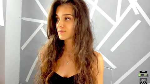 Media: Video of a young woman with long, wavy brown hair, wearing a black top, standing against a modern, minimalist gray background with white geometric patterns.