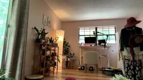 Media: A video of a cozy, cluttered home office with wooden floors, a desk, white chair, green plants, and a hanging lamp.