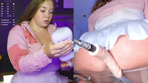 Media: Side-by-side photos: A plus-sized woman with fair skin and light brown hair, in a pink hoodie and apron, holds a white container. The second shows her buttocks, with a tattoo, being tattooed.