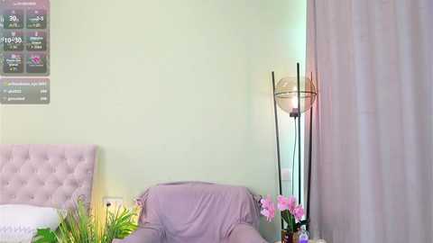 Media: Video of a minimalist, pastel-toned bedroom with a light green wall, a tufted lavender headboard, a floor lamp, and a floral arrangement on a side table.