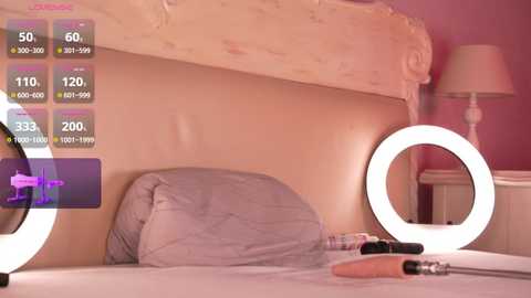 Media: Video of a cozy bedroom with a cream-colored headboard, a fluffy gray pillow, and a white lamp on a pink wall. Ring lights illuminate the scene, with a digital overlay showing temperature and humidity levels.