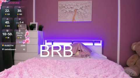 Media: A video of a pink-themed bedroom with a plush, fluffy pink bedspread, a giraffe painting, and a white dresser with a small potted plant.