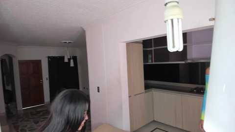 Media: Video of a modern, minimalistic kitchen with white cabinets, dark countertops, and a large window; a person with long black hair is partially visible in the foreground.