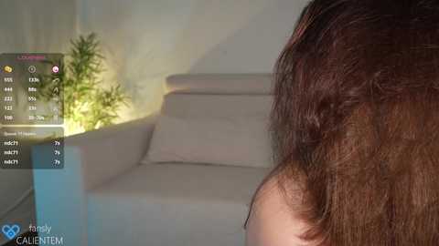 Media: Video of a person with long, dark brown hair, viewed from behind, in a dimly lit room with a white couch and a green plant in the background.