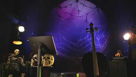 Media: Video of a dimly lit stage featuring a cello player, a DJ, and a skeleton head prop, with a large, purple-hued spider web backdrop.