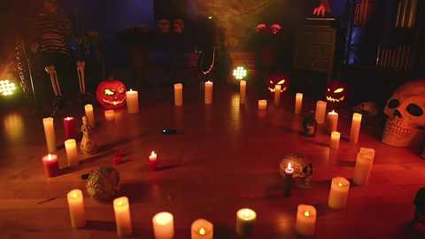 Media: Video of a dark, dimly lit room with a wooden floor, decorated with lit candles, carved pumpkins, skulls, and eerie figures, creating a spooky Halloween atmosphere.