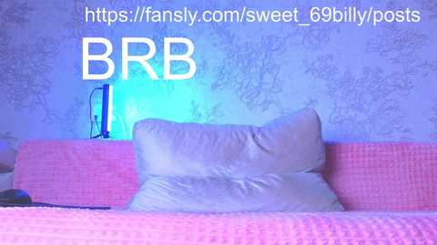 Video of a pink bed with a white pillow and a blue lamp on a white patterned wall, featuring text overlay with URLs.