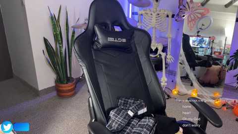 Media: Video of a black gaming chair with a skull pillow and plaid blanket, in a dimly lit room with skeletons, potted plants, and a gaming setup.