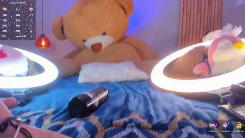 Media: Video of a plush teddy bear on a blue blanket with a zigzag pattern, surrounded by circular ring lights and various objects. Background includes a pink stuffed animal and a wooden panel.