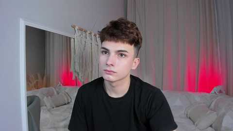 Media: Video of a young Caucasian man with short brown hair, wearing a black T-shirt, standing in a minimalist, dimly-lit room with white curtains and a macrame wall hanging.