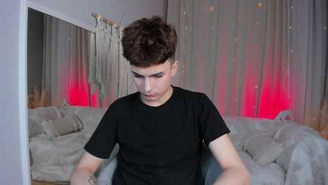 Media: Video of a young man with short, dark hair, wearing a black T-shirt, sitting on a plush, grey couch in a dimly lit room with a macrame wall hanging and soft, ambient lighting.