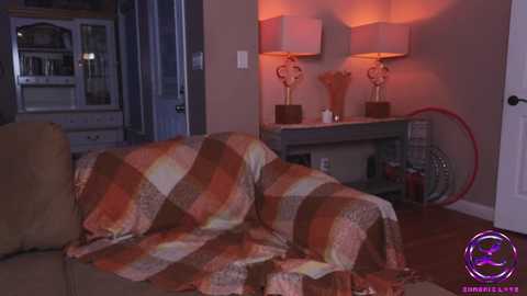 Media: Video of a cozy living room with a plaid blanket on a beige couch, two red and white lamps on a wooden console, and a fan on the floor, bathed in warm, dim lighting.