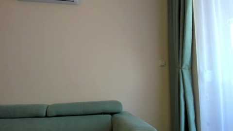 Media: Video of a simple, light beige wall with an air conditioner mounted above, a light green sofa against the left side, and a floor-length light blue curtain partially covering a window on the right.