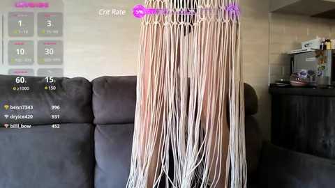 Media: Video of a modern living room featuring a gray sofa, a macrame wall hanging with thin, interwoven threads in shades of beige and white, and a \"Craft Room\" digital display.