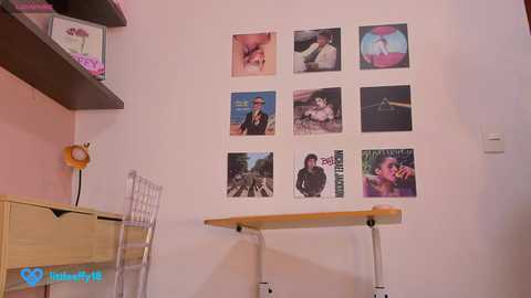 Media: Video of a minimalist room with a white wall adorned with a grid of 12 colorful record album covers, including David Bowie's \"Heroes\" and Pink Floyd's \"The Dark Side of the Moon.\" A wooden desk and a white chair are visible, with a vintage lamp and a pink shelf on the left.