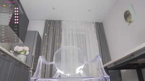 Media: Video of a modern, minimalist bedroom featuring a clear acrylic chair, white curtains, and a grey headboard with a pink vase. The room is bright with soft lighting.