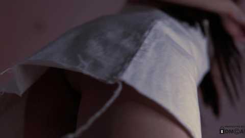 Media: A close-up video of a person's lower body in a white lace lingerie bodysuit with see-through mesh panels, showcasing a hint of dark underwear beneath. The image is dimly lit, emphasizing the intimate and seductive nature.