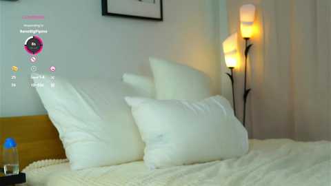 Media: A video of a cozy bedroom with white pillows, beige bedding, a wooden headboard, and a floor lamp with a warm glow, against a neutral-colored wall.