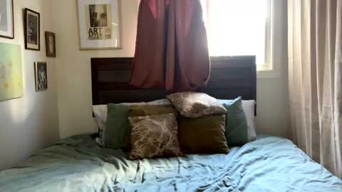 Media: Video of a cozy bedroom with a dark wooden headboard, green and brown pillows, beige curtains, and a red cloth hanging from the ceiling.