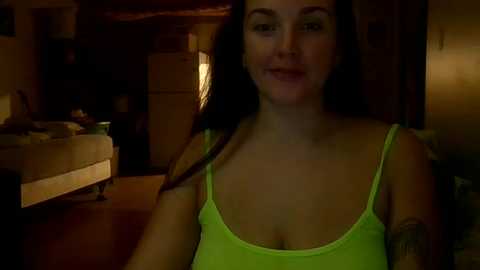 Media: A dimly lit video of a young woman with long dark hair, wearing a neon green tank top, sitting in a cozy, dimly lit room with a bed, a refrigerator, and a wooden door in the background.