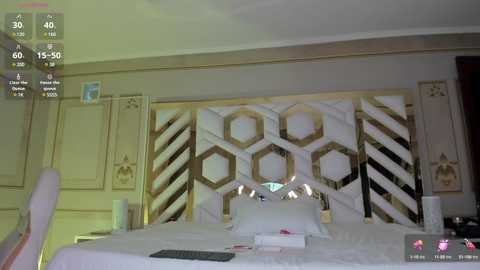 Media: Video of a luxurious bedroom with a large, white bed adorned with gold geometric-patterned headboard, white pillows, and scattered rose petals. The room features a soft, warm color palette and modern decor.