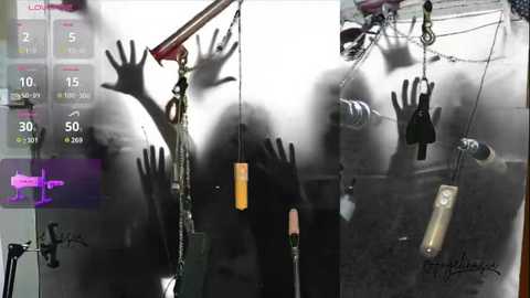 Media: Video of two silhouetted hands gripping chains and bottles, likely in a dark room with a digital readout displaying \"LOC\" and \"LON\" on the left.