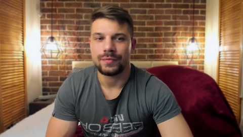 Media: Video of a muscular, bearded Caucasian man with short brown hair, wearing a grey graphic t-shirt, sitting on a bed with red sheets, in a cozy room with brick walls and wooden shutters.