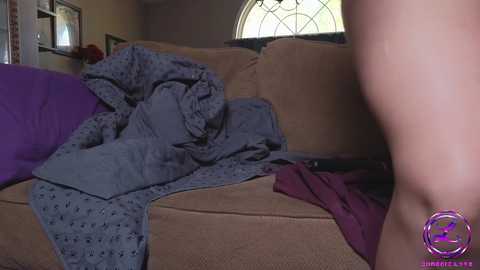 Media: A video depicts a messy beige sofa with a gray blanket, purple pillows, and a purple shirt. A person's leg, likely female, is visible on the right. The background features a window with a circular design and framed artwork.