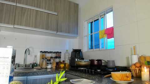 Media: Video of a modern kitchen with beige cabinets, white tiles, and a window with colorful fabric hanging. Stove, utensils, spices, and a fruit bowl are on the countertop.