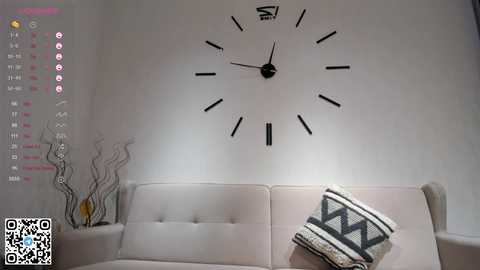 Media: Video of a minimalist living room with a white clock on a white wall, a beige couch, and a black and white patterned throw pillow. A QR code is visible in the bottom left corner.