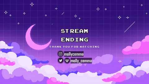 Media: A vibrant digital illustration with a purple grid background, featuring clouds, a crescent moon, and stars. Text reads \"STREAM ENDING THANK YOU FOR WATCHING @mollycamma @mollycamma @mollycamma.\