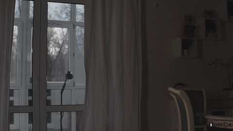 Media: A video of a dimly lit, minimalist room featuring a large window with white curtains, a desk with a lamp, and a wooden chair, with a blurry view of a forest outside.