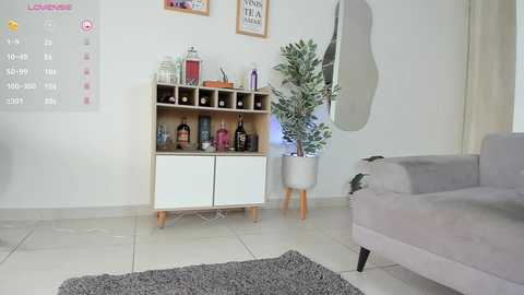 Media: Video of a modern, minimalist living room with light-colored walls, a wooden wine rack, a large leafy plant, a gray armchair, and a calendar with colorful events.