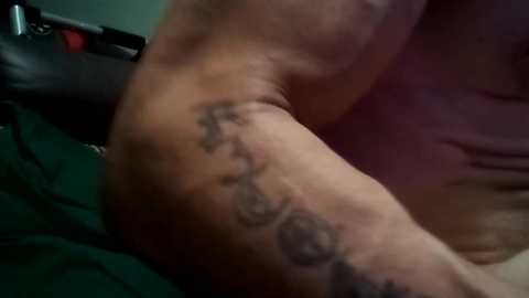 Media: Video of a man's arm with intricate black ink tattoos. He's wearing a maroon shirt. Background shows a green couch and a black backpack.