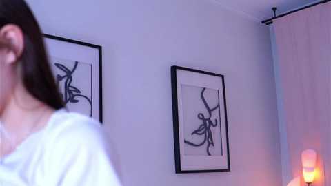 Media: Video of a woman with shoulder-length dark hair, wearing a white shirt, standing in a modern room with white walls and minimalist black ink drawings on framed canvases.