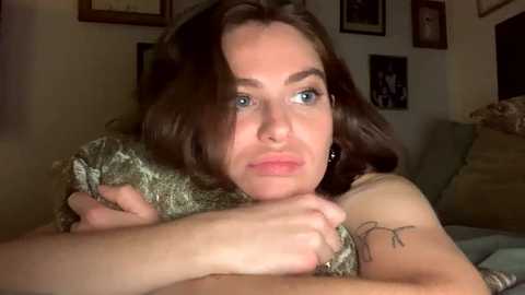 Media: A video of a young woman with shoulder-length brown hair, blue eyes, and fair skin, wearing a light-colored top, hugging a plush toy. The background features a cozy room with framed pictures and a sofa.