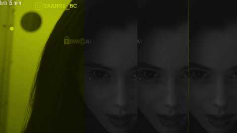 Media: Video of a woman's face with long, dark hair, eyes closed, reflecting in a mirror, overlaid with a green-yellow gradient.