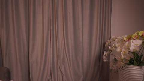 Media: Video of a beige curtain with soft folds, a white vase with blooming white and yellow flowers, and a beige wall in the background.